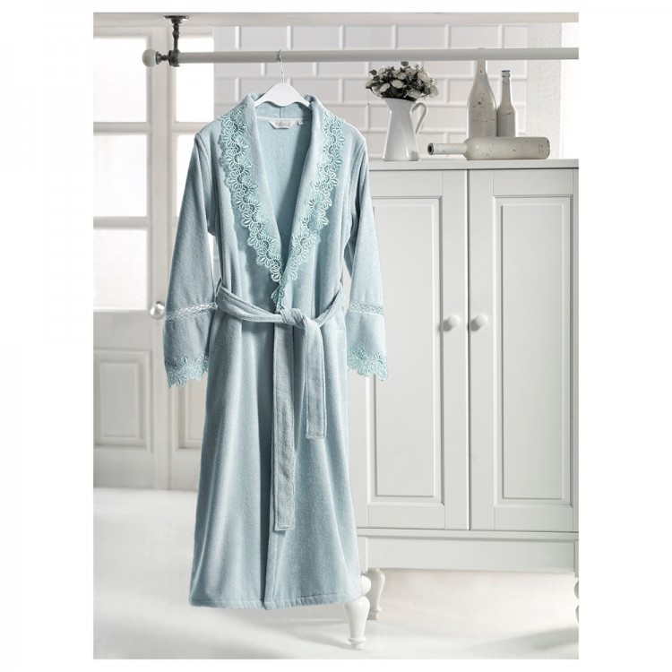 Женский махровый халат с кружевом Victoria от Soft Cotton (Бирюзовый)