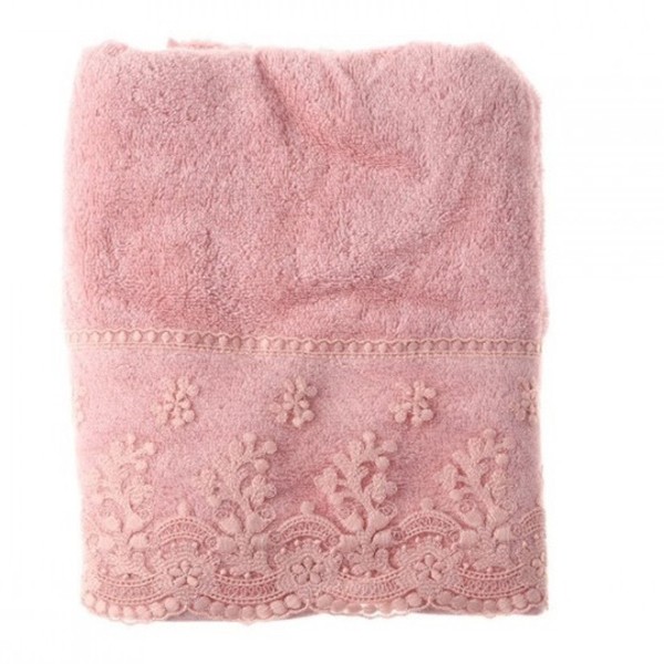 Бамбуковое махровое полотенце с кружевом розового цвета Sessa от Maison Dor