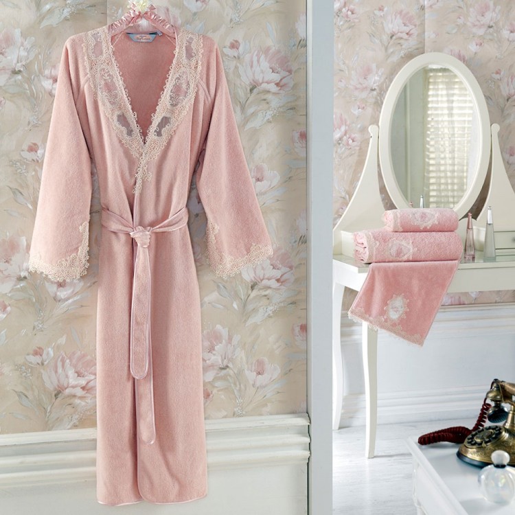 Женский махровый халат с кружевом Destan Soft Cotton (грязно-розовый)