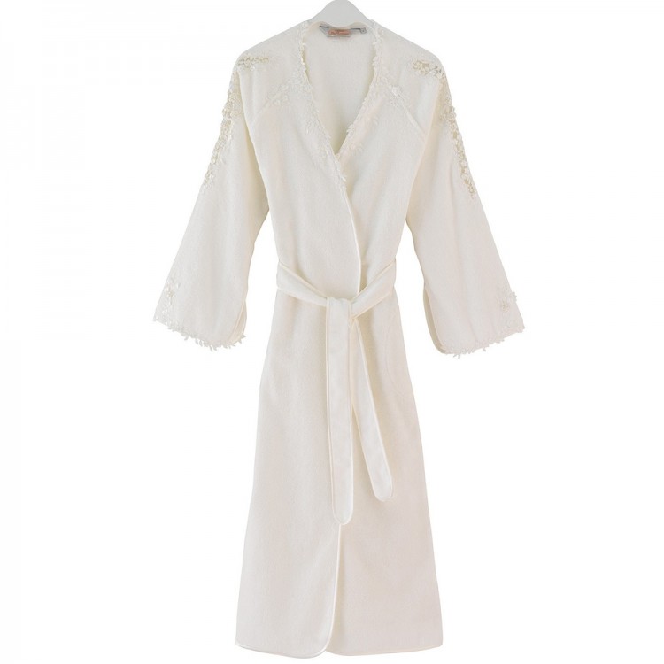 Женский махровый халат с кружевом MASAL кремовый
