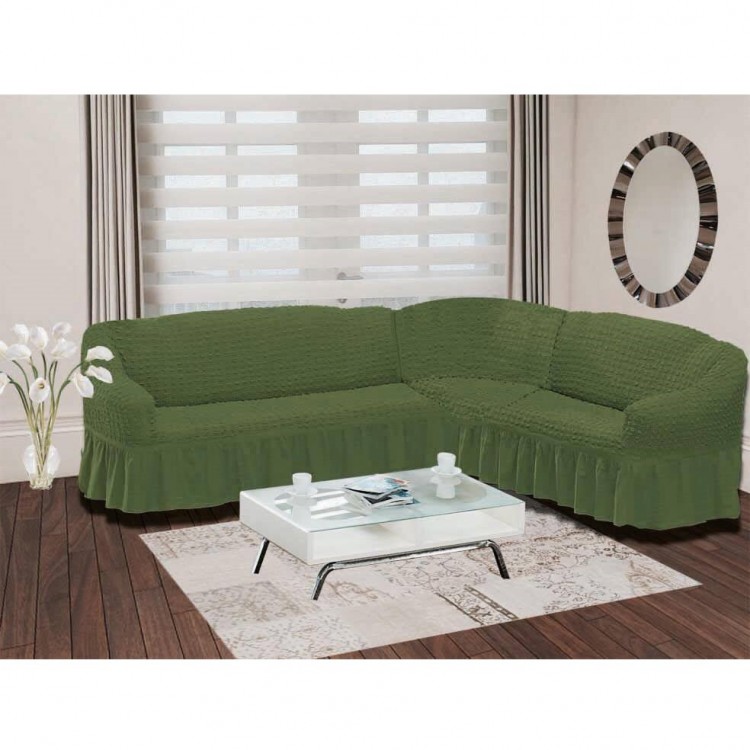 Угловой провостороний чехол на диван зеленый